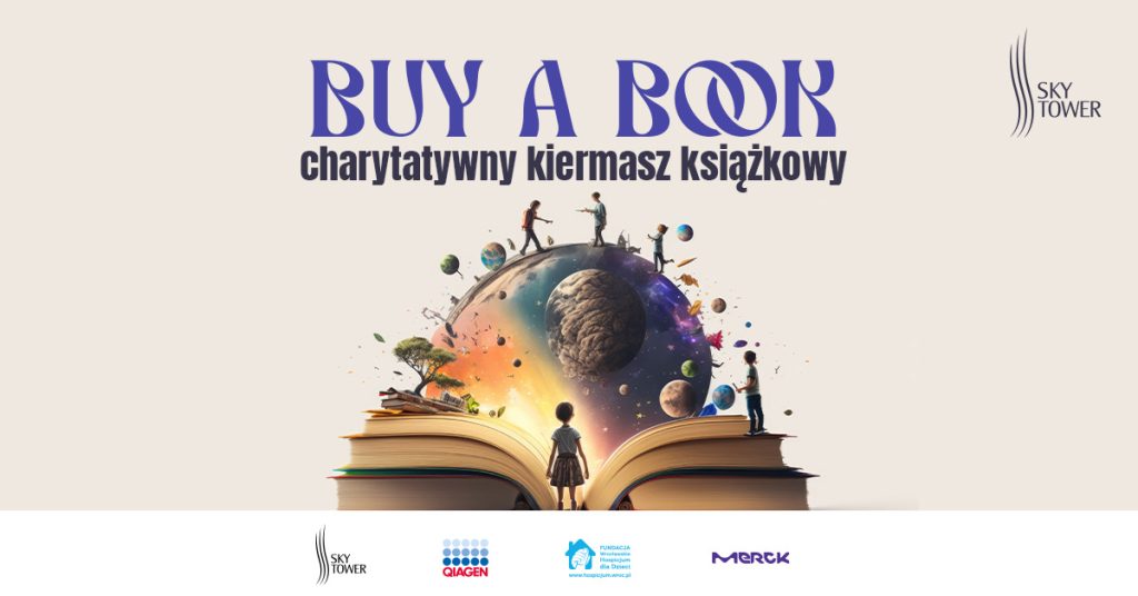 Plakat informacyjny o charytatywnym kiermaszu książek "Buy a book" w galerii Sky Tower