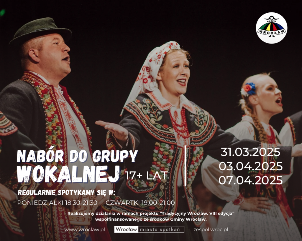 Grafika informująca o dodatkowych naborach do grupy wokalnej RDZPiT Wrocław. 3 terminy: 31.03, 3.04 oraz 7.04.2025