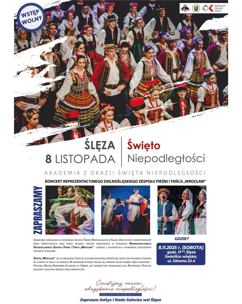 plakat informacyjny o koncercie z okazji święta niepodległości. Ślęza 8.11.2025, godz. 17:00.