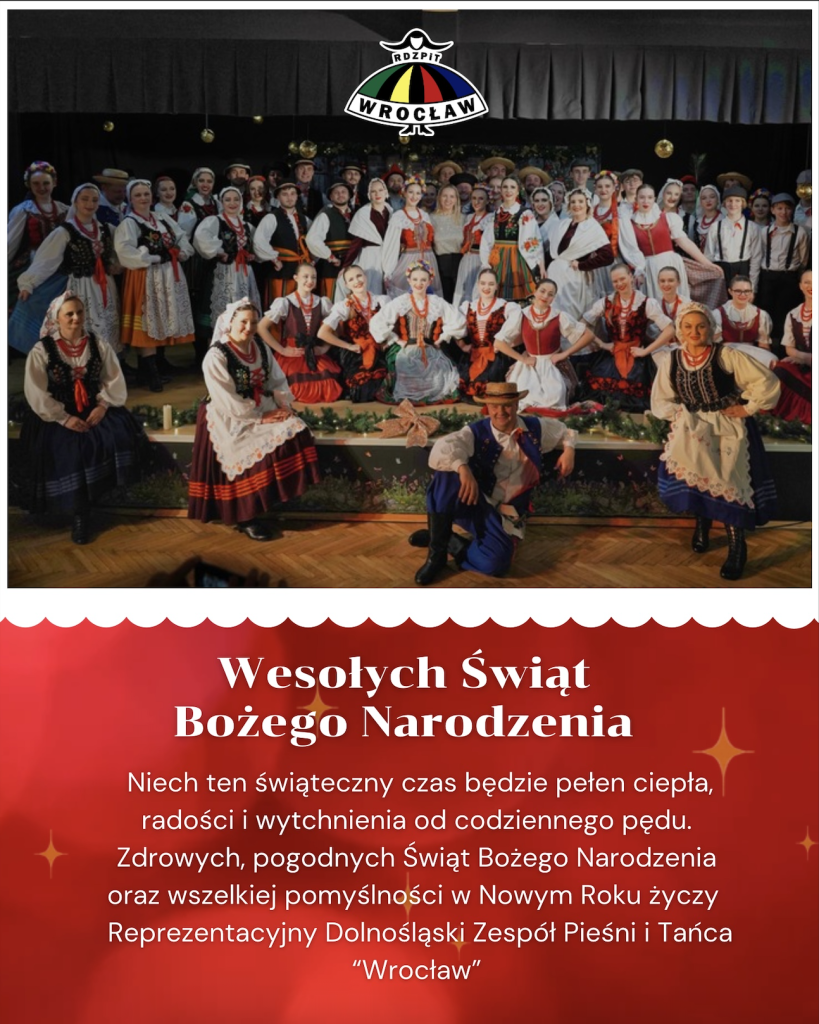 kartka świąteczna ze zdjęciem grupowym Zespołu i zyczeniami na święta bożego narodzenia