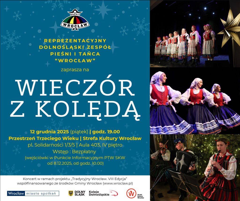 grafika informującas o koncercie grudniowym pt. "Wieczór z kolędą" 12.12.2025 w Przestrzeni Trzeciego Wieku o godz. 19:00
