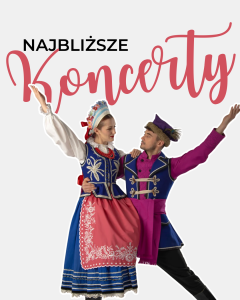 Para w stroju kujawskim pod napisem "najbliższe koncerty"
