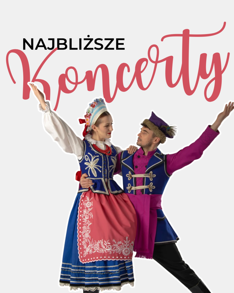 Para w stroju kujawskim pod napisem "najbliższe koncerty"