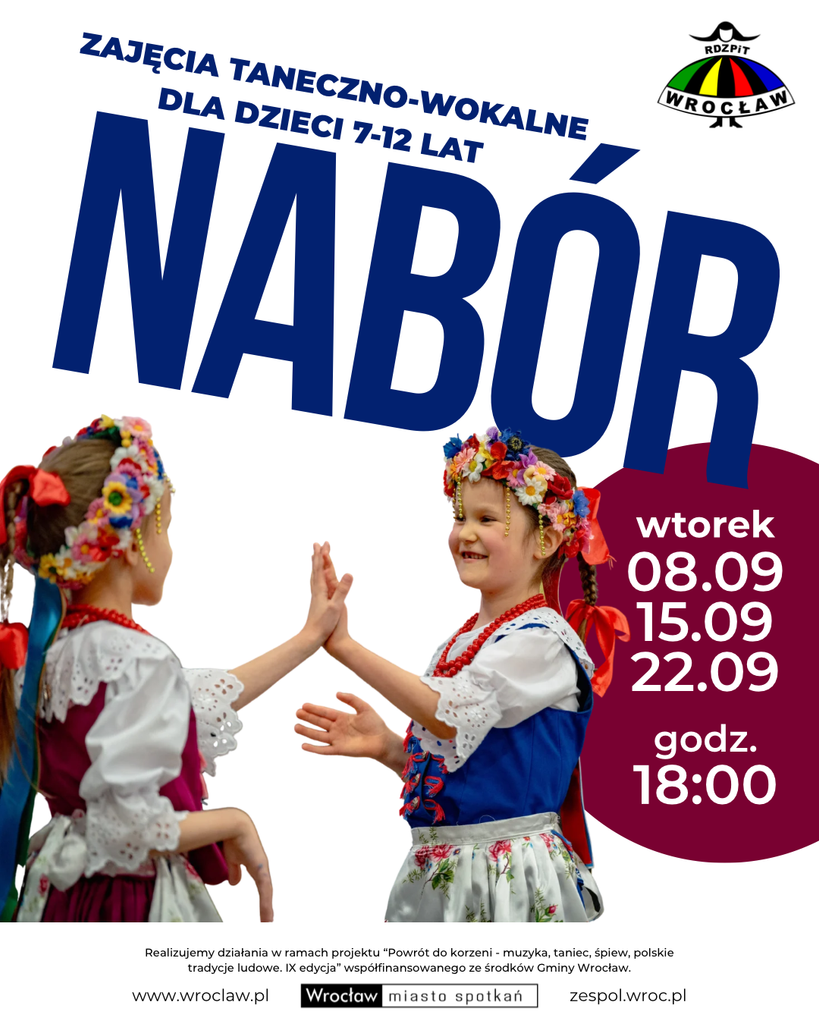 Grafika naborowa na zajęcia taneczno-wokalne dla dzieci 7-12 lat w sezonie 2026/2027.
Termin naborów: wtorki 8.09, 15.09, 22.09, godzina 18:00.