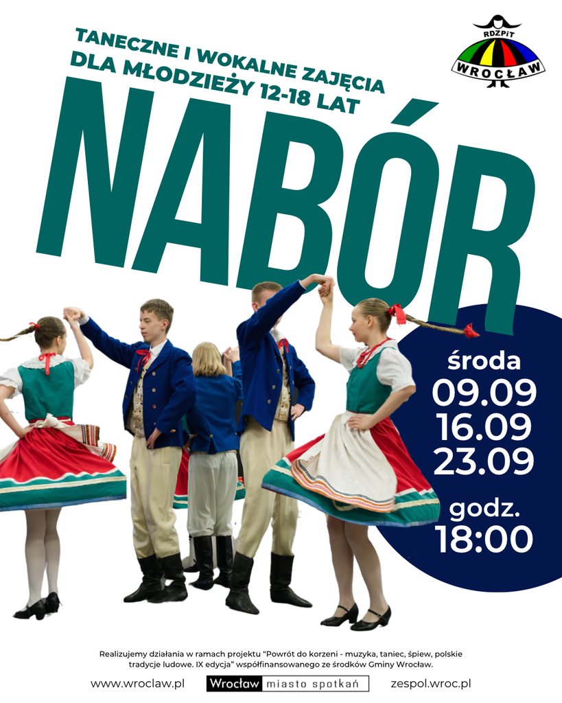 Grafika naborowa na zajęcia taneczne i wokalne dla młodzieży 12-18 lat w sezonie 2026/2027.
Termin naborów: środy 9.09, 16.09, 23.09, godzina 18:00.