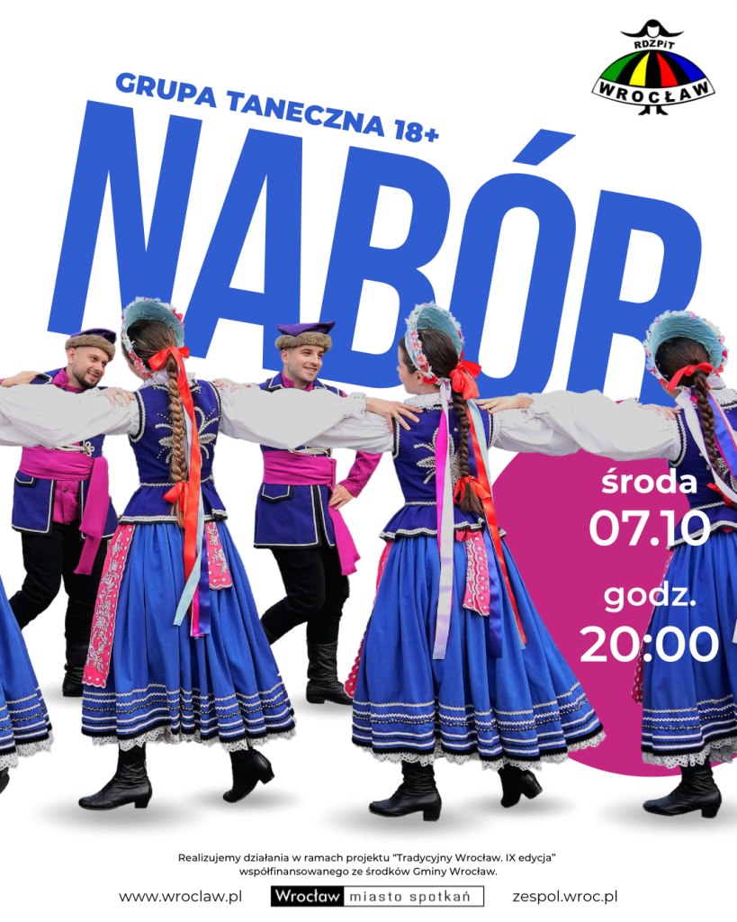 Grafika naborowa na zajęcia taneczne dla dorosłych 18+ w sezonie 2026/2027. Termin naborów: środa 7.10, godzina 20:00.
